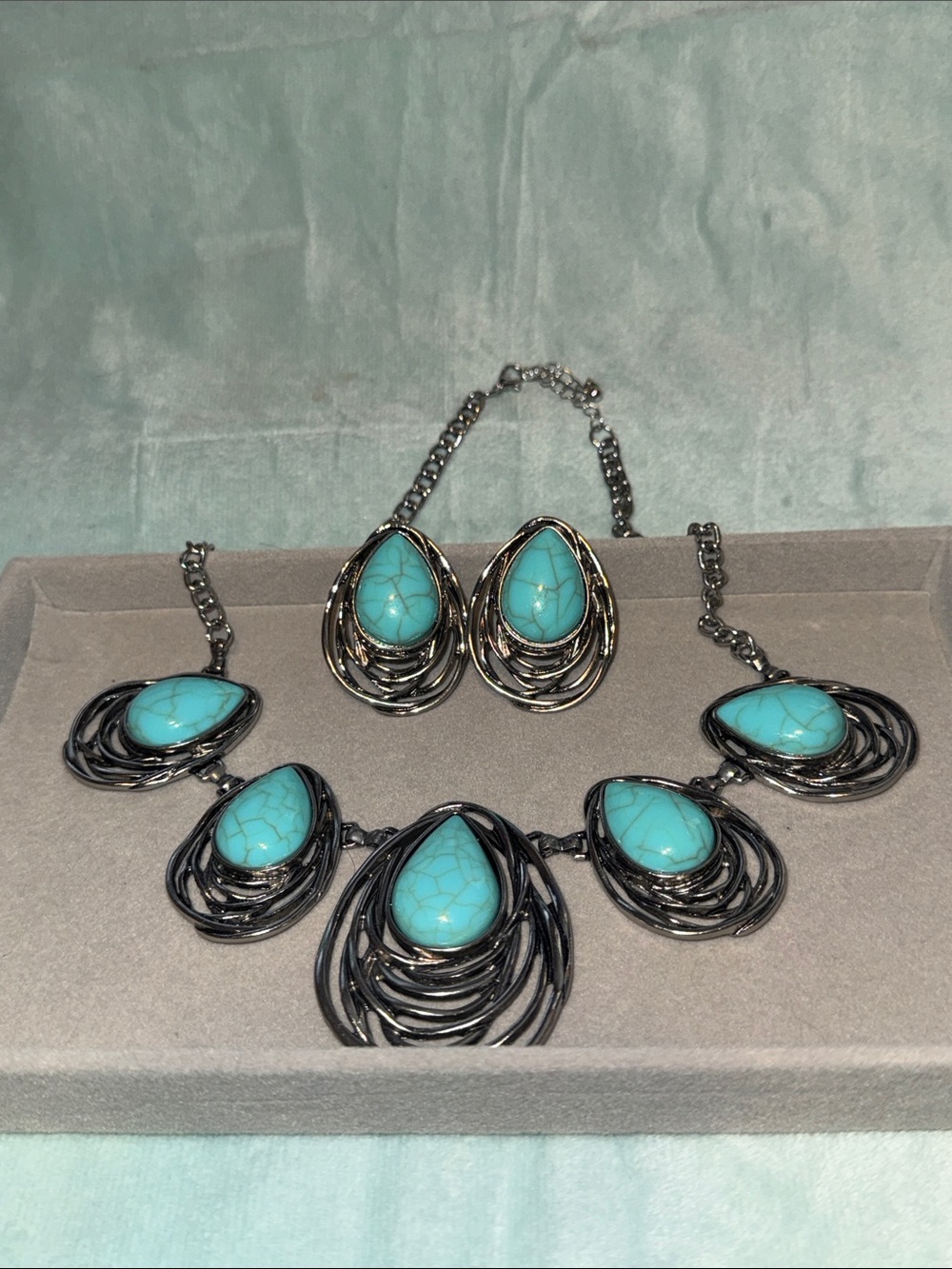 Turquoise Teardrop Necklace and Earring Set - Blue Stone Accent